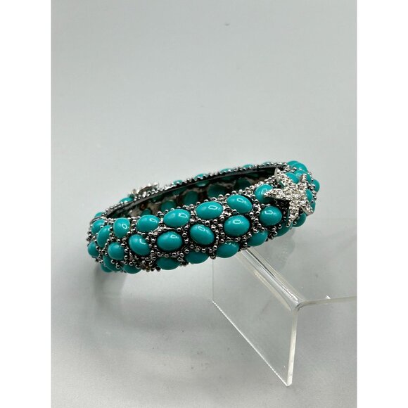 Sea Life Hinged Clamper Bangle Turquoise Cabochon Rhinestones Star Fish Unsigned - Picture 5 of 11
